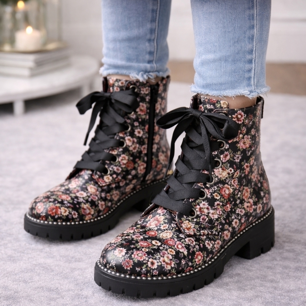 Self Esteem Black Floral Combat Boots